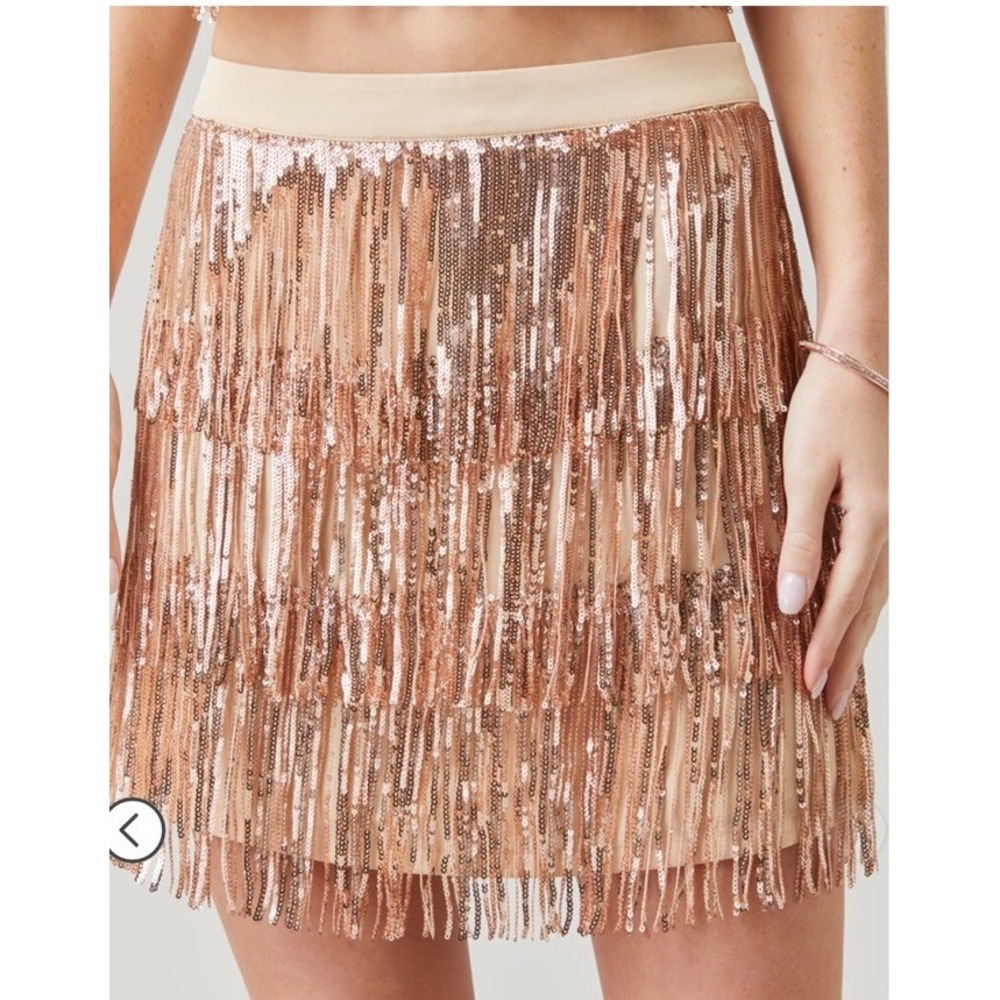 Mi Ami Francescas Womens XS Rose Gold Sequin Fringe Tiered Mini Skirt Party